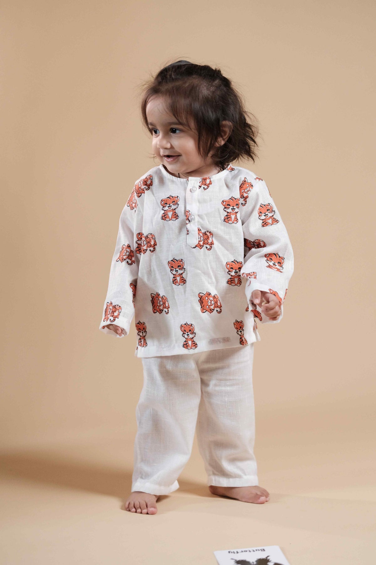 Cute Baby Tiger Face Print Kurta Set - Orange