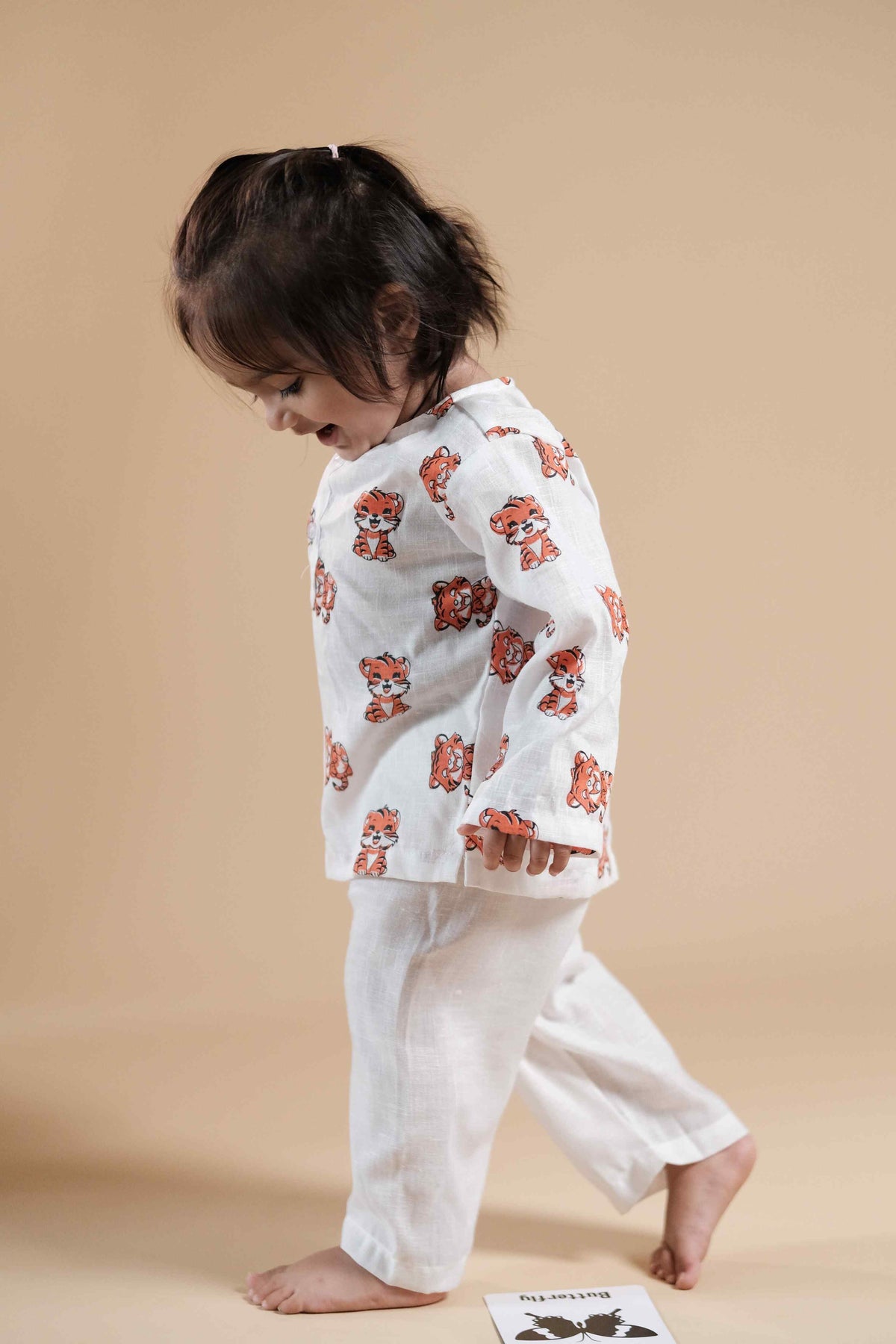 Cute Baby Tiger Face Print Kurta Set - Orange