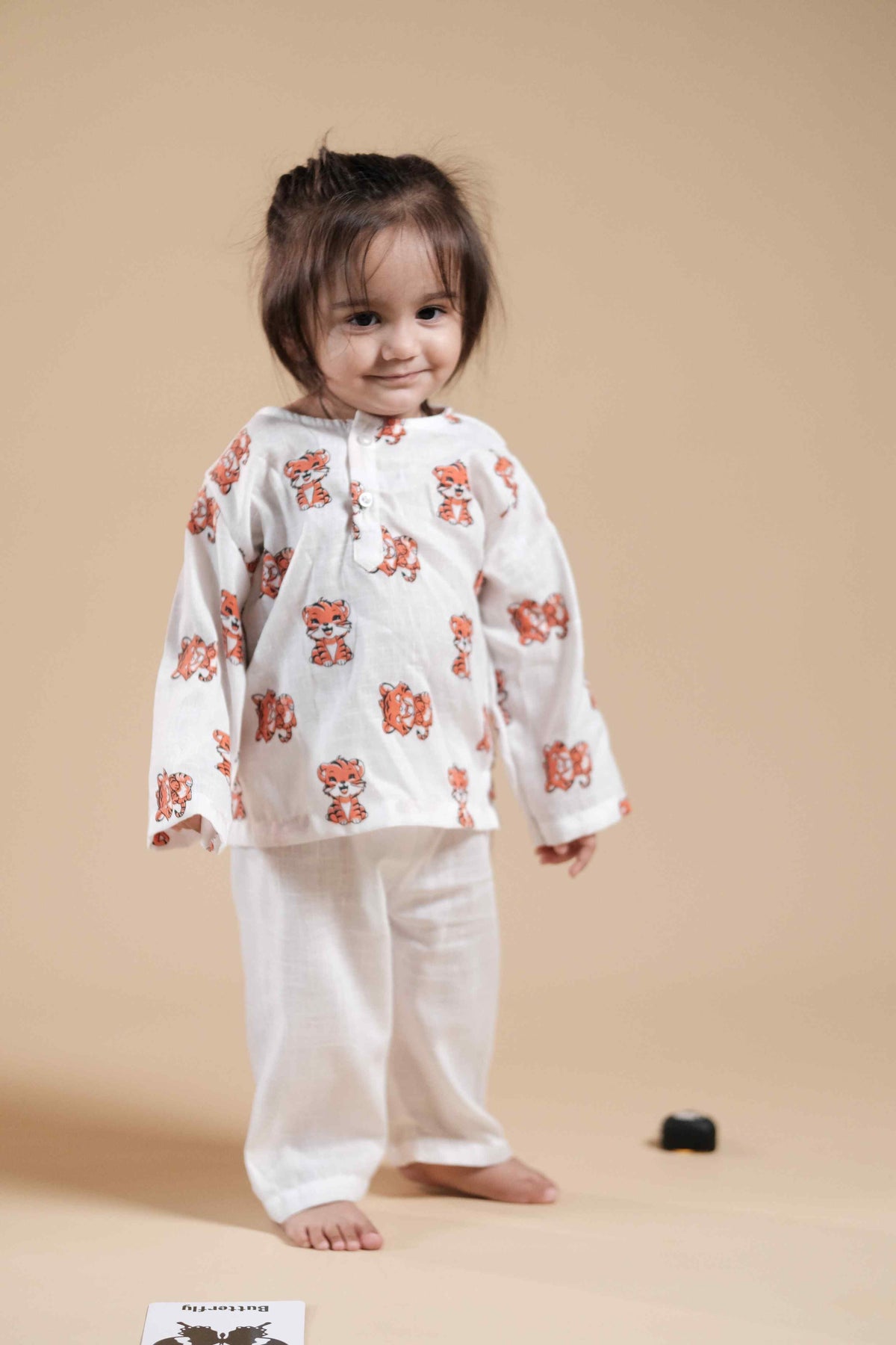 Cute Baby Tiger Face Print Kurta Set - Orange