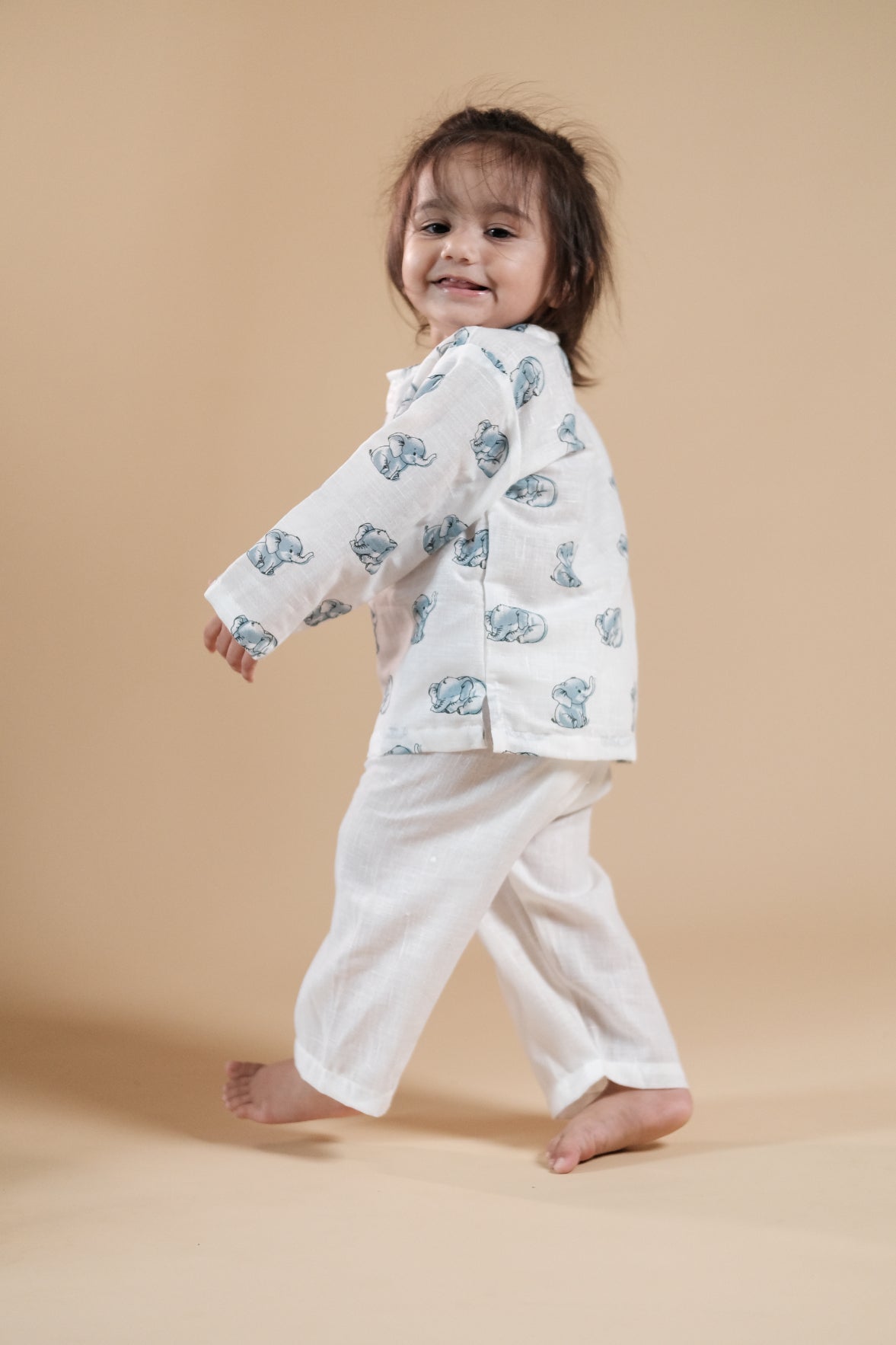Cute Baby Elephant Print Kurta Set - Blue
