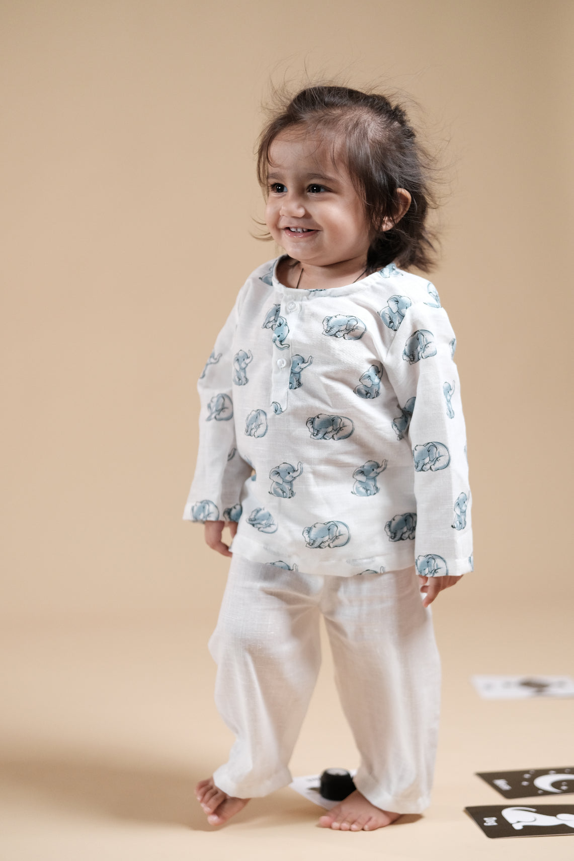 Cute Baby Elephant Print Kurta Set - Blue