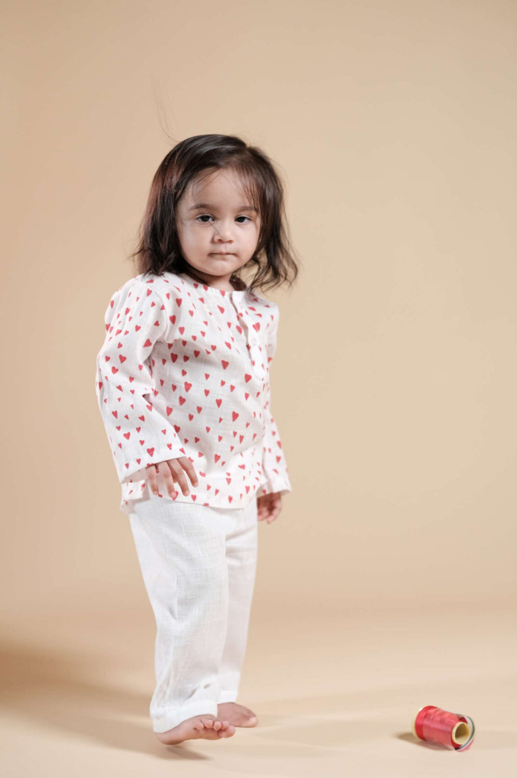 Cute Little Hearts Print Kurta Set - Red