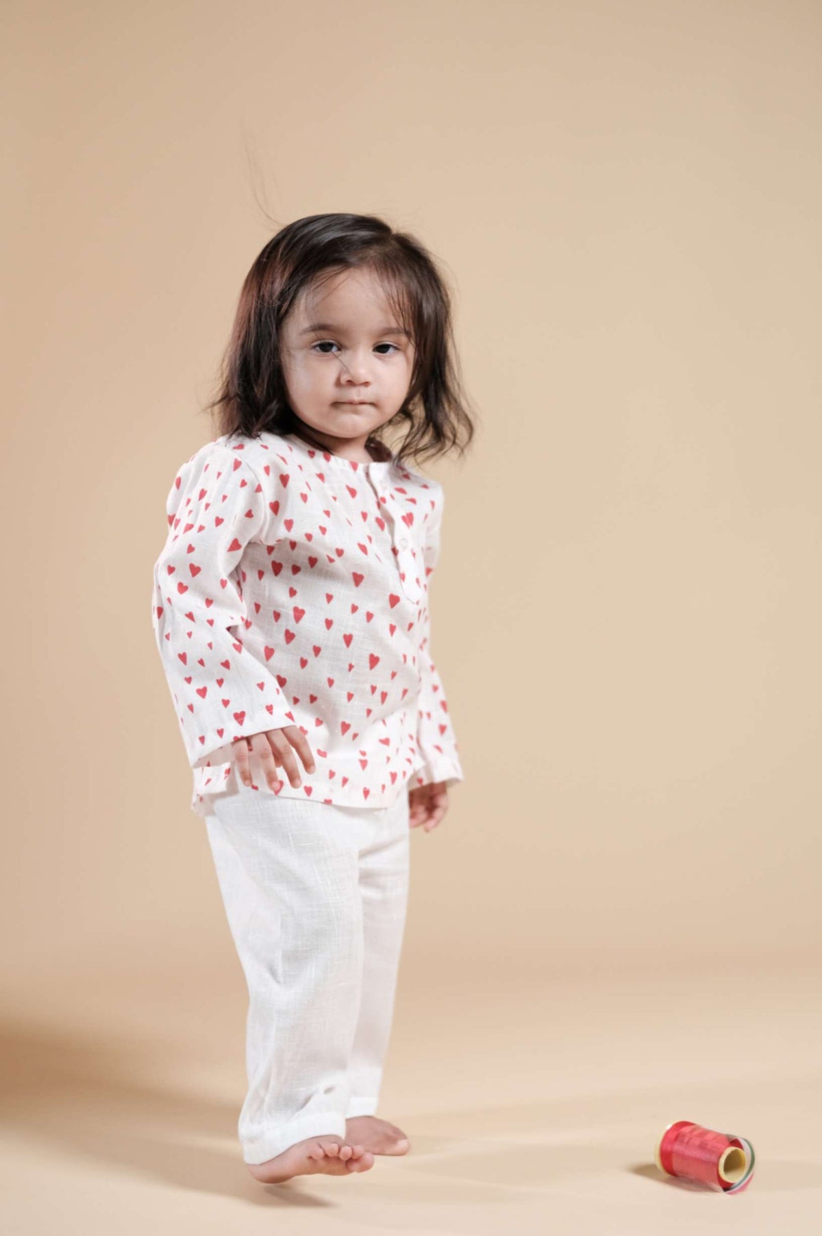 Cute Little Hearts Print Kurta Set - Red