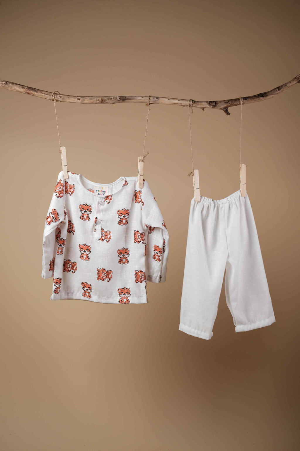 Cute Baby Tiger Face Print Kurta Set - Orange
