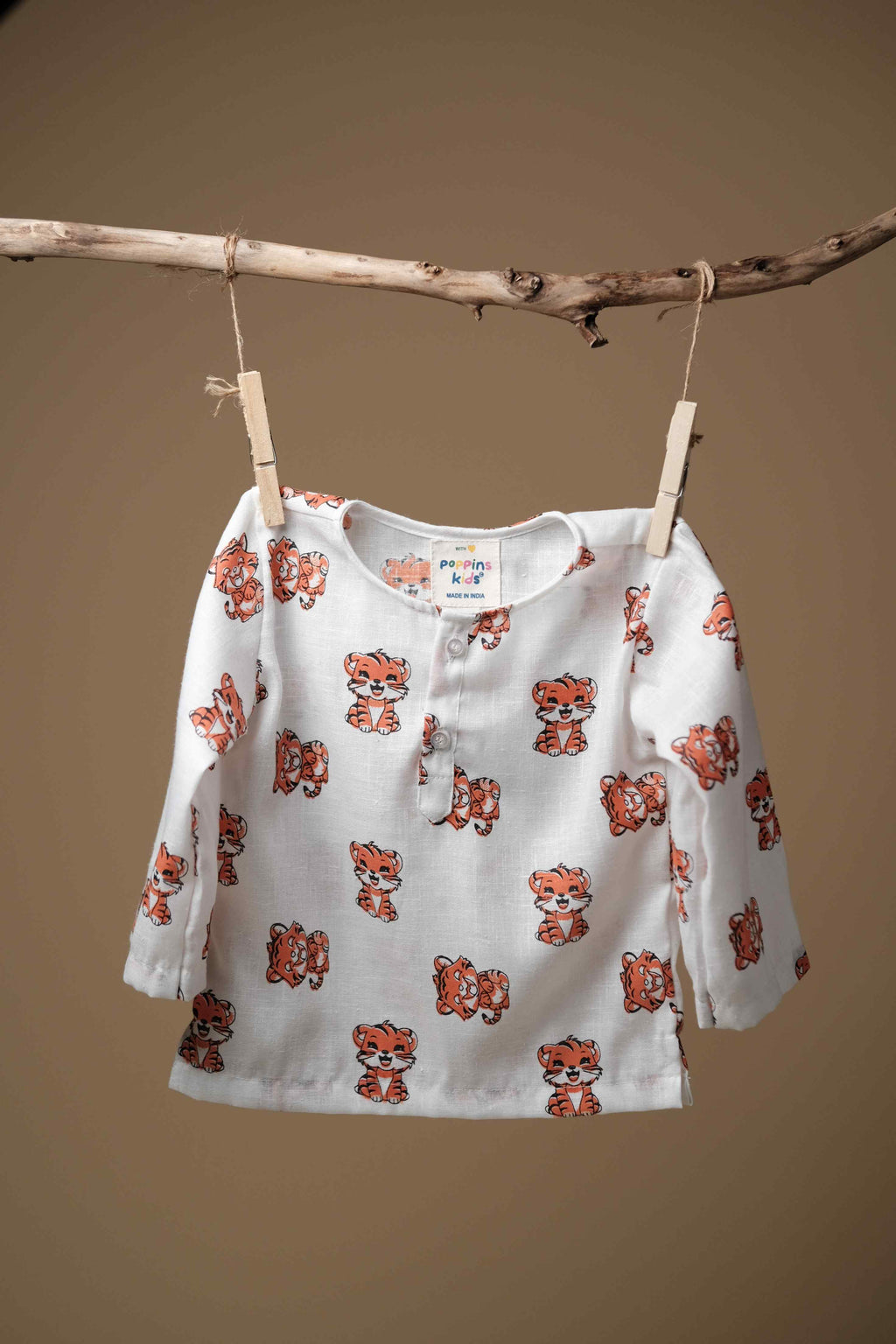 Cute Baby Tiger Face Print Kurta Set - Orange